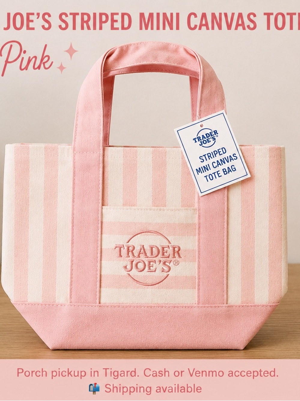 🩷 Trader Joe’s Pastel Pink Striped Mini Canvas Tote Bag Summer Collection NWT
